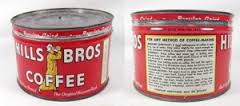 Front and back of original red Hills Bros. Coffee cans